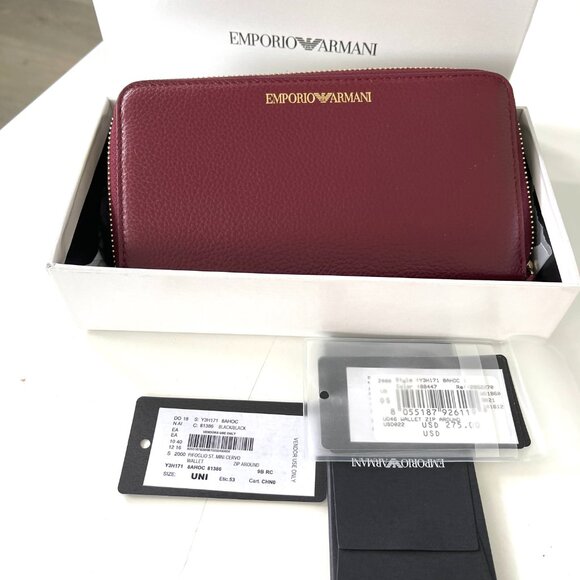 Emporio Armani Dark Red/Black Leather Unisex Ziparound Wallet, Y3H171 8AHOC - Picture 10 of 12